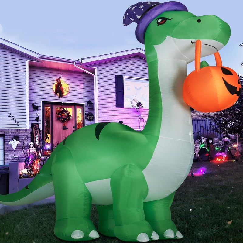 Kendane 10FT Halloween Inflatable Huge Dinosaur Decorations Outdoor, Blow Up Yard Decorations Built-in LED Lights,Halloween Party Decorations with Witch Hat and Pumpkin,for Garden/Lawn. - Image 1
